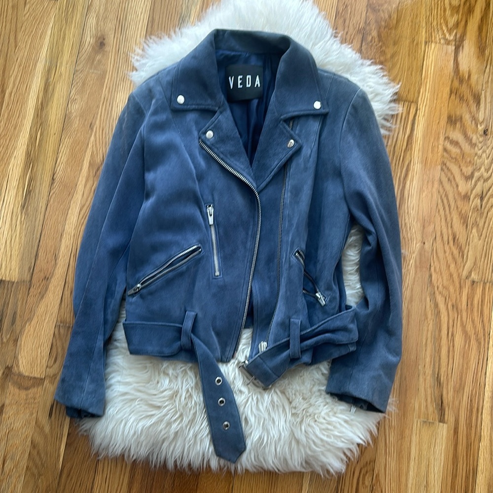 Veda Blue Purple Suede Motorcycle Jacket